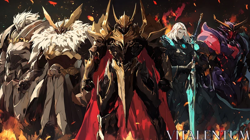 Armored fantasy figures aligned amid embers and darkness.