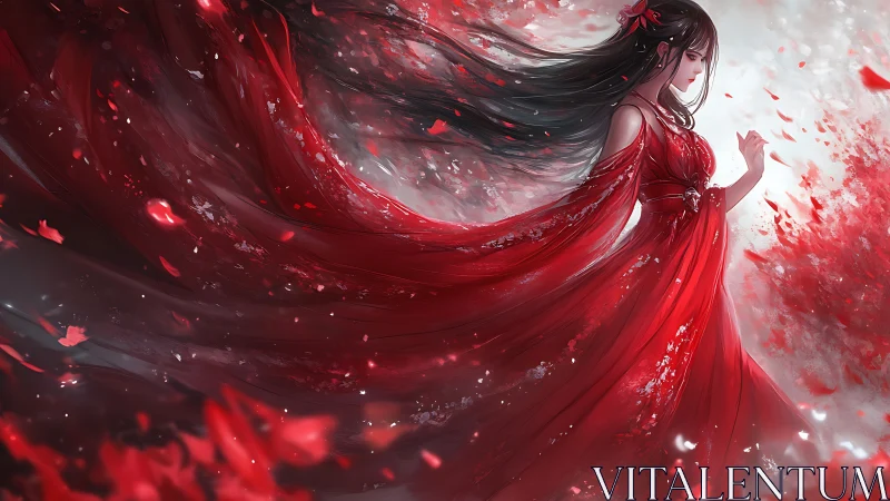 Graceful lady in crimson surrounded by swirling petals.