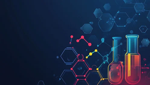 Neon laboratory glassware with molecular network overlays.