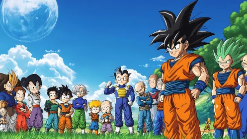 Heroic anime warriors assemble under expansive blue sky.