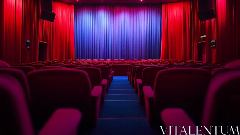Empty cinema auditorium with red seats and magenta-blue stage lighting.