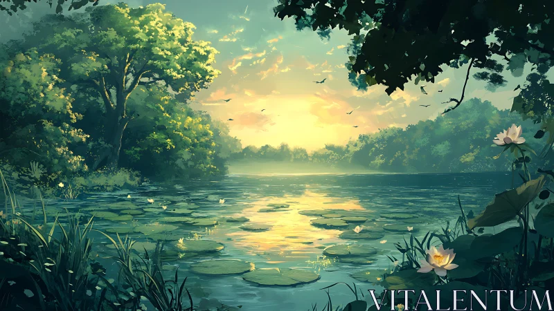 Lily-covered lake at sunrise with dense surrounding foliage.