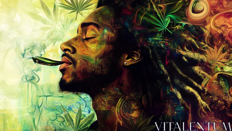 Profile portrait of man smoking surrounded by cannabis leaves