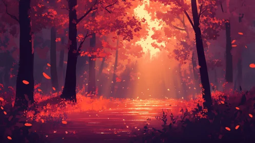 Fiery Forest Path Engulfed Autumn Blaze.