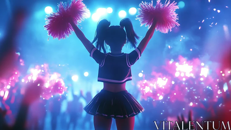 Backlit cheerleader silhouette with pom poms on lit stage.