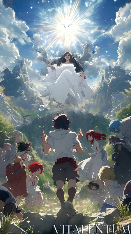 Radiant ascension over valley congregation in anime tableau.