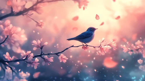 Blue songbird rests among glowing pastel cherry blossoms