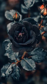 Black Rose with Dew Droplets and Unopened Buds