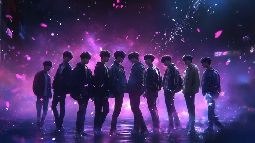 Silhouetted youths in neon mist with scattered petals at night.