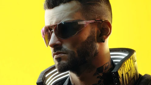Cyberpunk male portrait with neon jacket against yellow field.