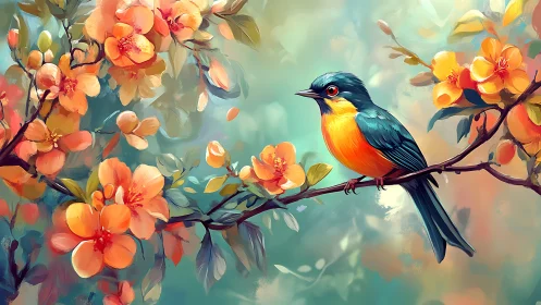Vibrant blue and orange songbird on blossoming branch, digital art.