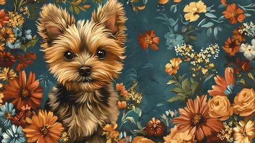 Bright-eyed yorkie blooms amid teal garden daydreams.