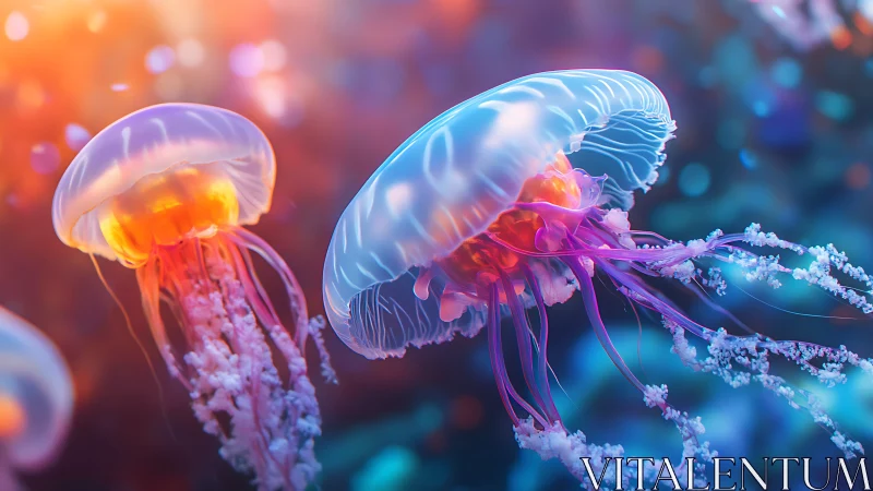 Neon drift of glowing jellyfish in a dreamy liquid cosmos.