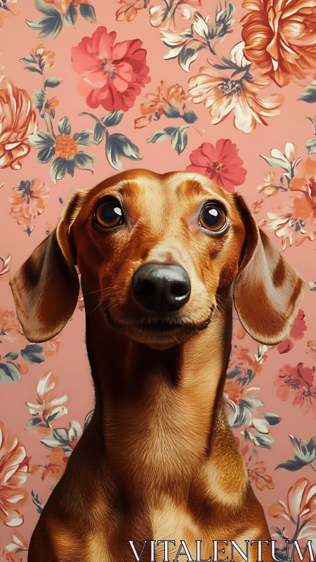 Digital dachshund portrait aligns with floral patterned backdrop