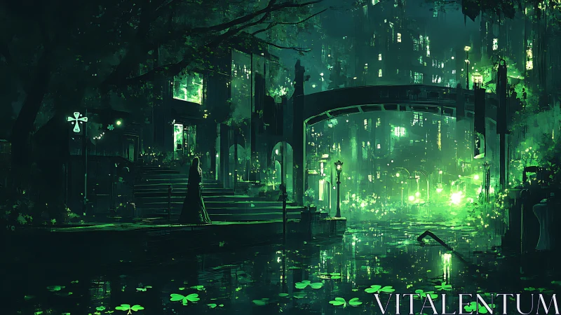 Emerald canal city with glowing bridge and lone figure.