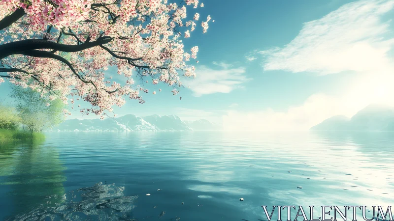 Cherry blossoms over calm lake with distant snowy mountains.