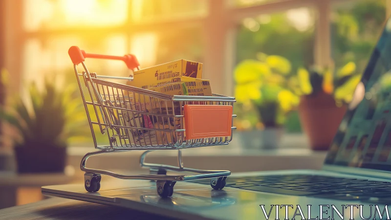 Miniature ecommerce cart on laptop in warm bokeh workspace.