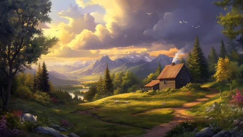 Sunlit mountain cabin above winding river valley landscape.