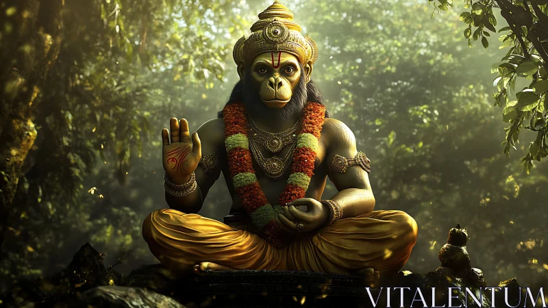 Golden forest deity sits in calm, blessing the quiet jungle