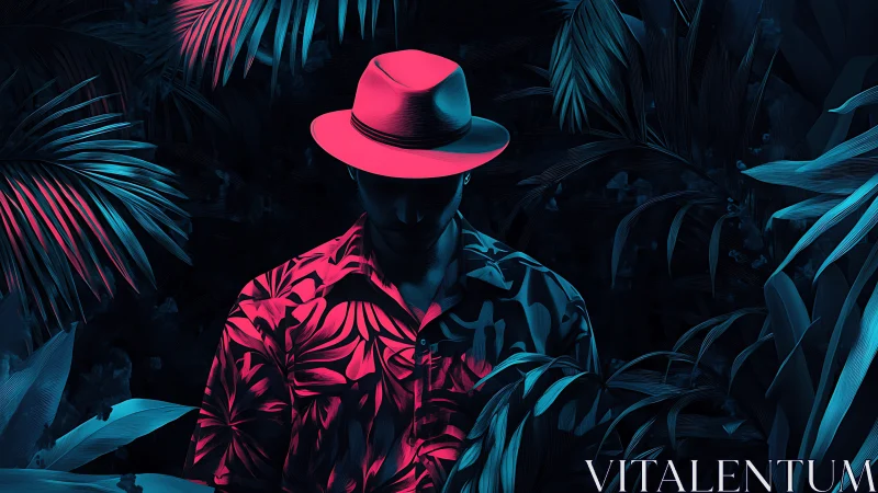 Neon-lit man in fedora hides within tropical jungle shadows.