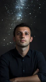 Portrait under starry bokeh sky with reflective gaze.