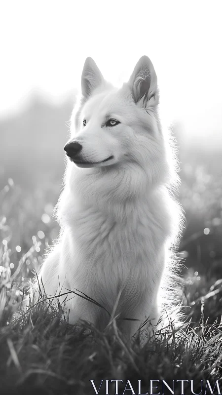 High-key monochrome portrait of arctic-coated canine subject.
