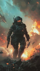 Armored space soldier strides through a storm of fire.