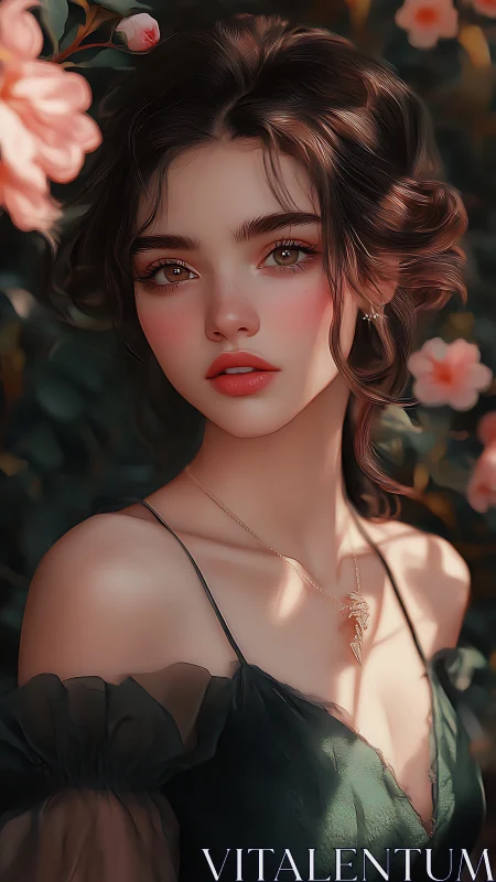 Digital portrait of young woman amid soft garden blooms.