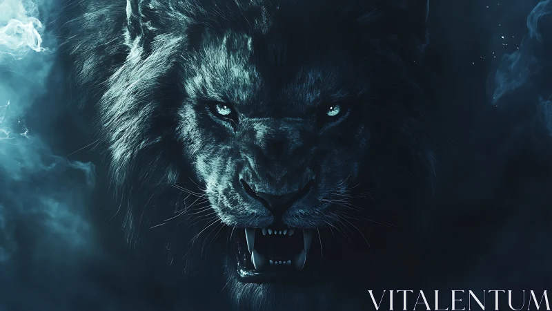 Midnight lion emerging with fierce, glowing determination.