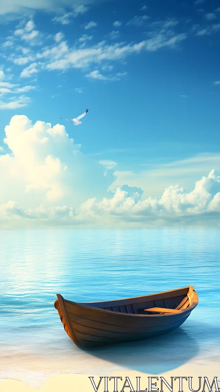 Wooden rowboat rests on tranquil turquoise shoreline at dawn.