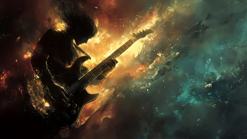 Electric guitarist ignites a swirling cosmic burst of sound.