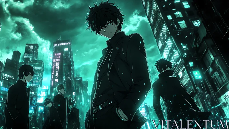 Neon-drenched anime vigilantes in asymmetric urban composition.
