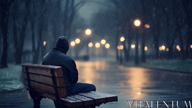 Photorealistic nocturne of solitary figure on rainy park bench.