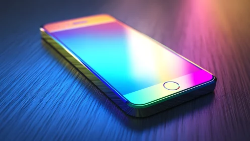 Colorful smartphone on textured surface with gradient glow.
