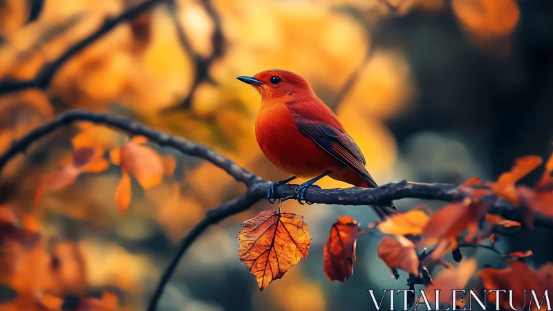 Vibrant Scarlet Tanager on Autumn Branch, Soft Focus Nature Art.