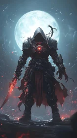 Hooded armored figure stands before full moon with glowing core