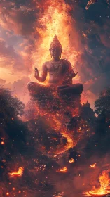 Seated Buddha statue within vertical column of flames and embers.