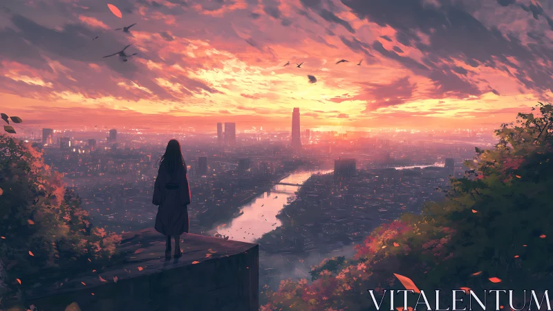 Solitary figure watches a neon-lit city ignite at sunset