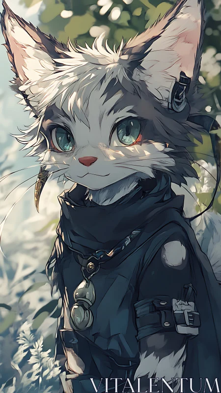 Cybernetic scout feline in tactical cloak under dappled light.