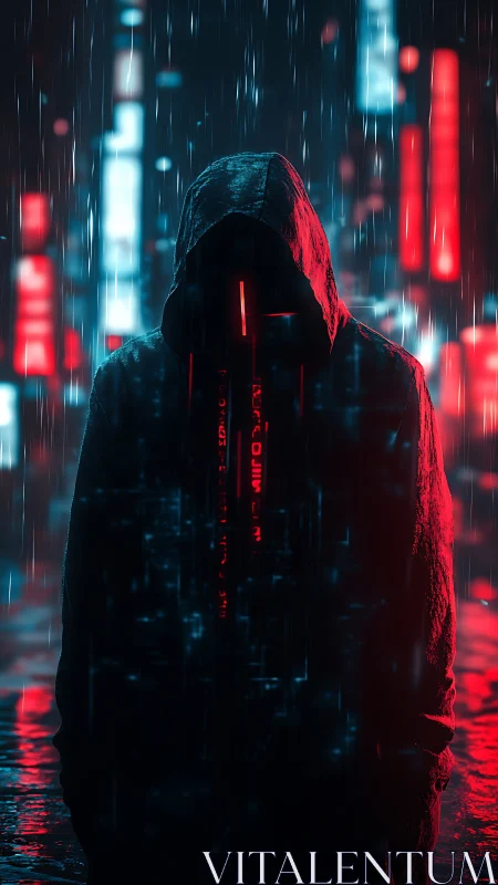 Neon hooded cipher stalks the rainy cyber alleyway night.