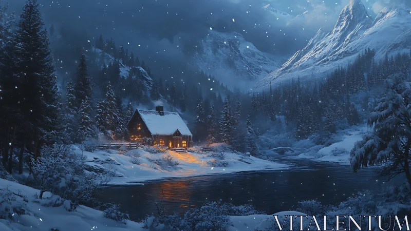 Snowbound riverside cabin amid conifer forest and alpine peaks