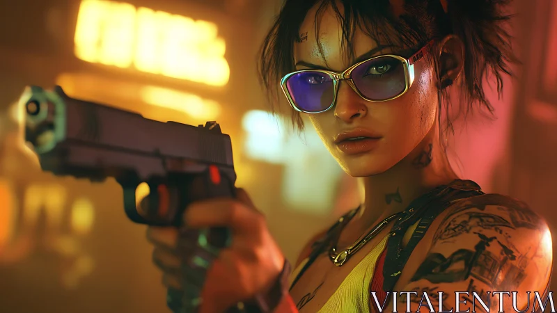 Cyberpunk woman aiming handgun in neon city interior scene.