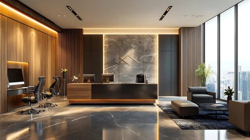 Modern executive office interior with linear luxe detailing.
