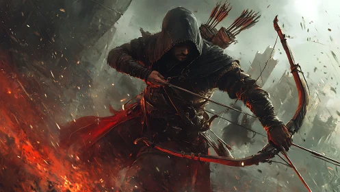 Hooded ember archer carving silence through burning ruin.