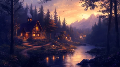 Cozy forest cottages beside twilight mountain river glow.