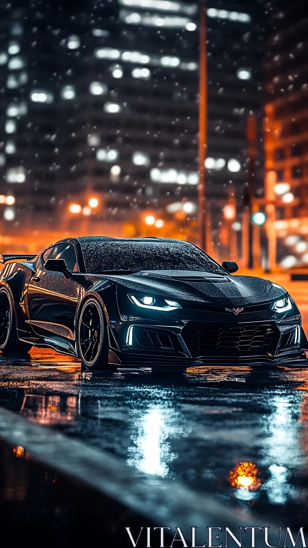 Midnight muscle car glowing against a rainy neon cityscape.