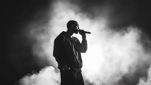 Monochrome stage portrait isolates a lone hip-hop vocalist in smoke