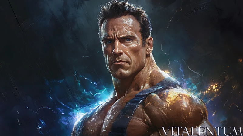 Battle-scarred cyber warrior stands in crackling storm.