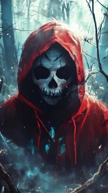 Hooded skull figure stands in foggy, desaturated forest