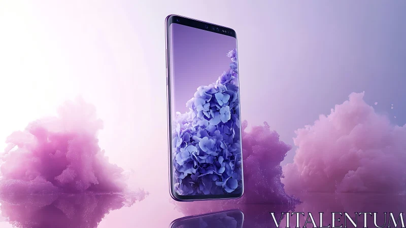 Smartphone display with purple flower particles in ambient fog.